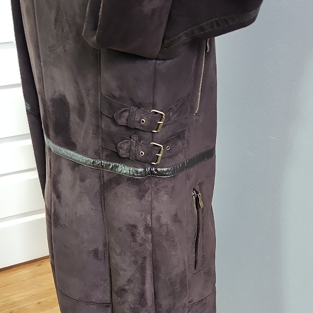 VINTAGE BALMAIN brown faux suede faux leather long coat - Picture 9 of 15